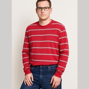 Knit Sweater wool blend Crewneck Stripes Red and Grey color Size L CALVIN KLEIN